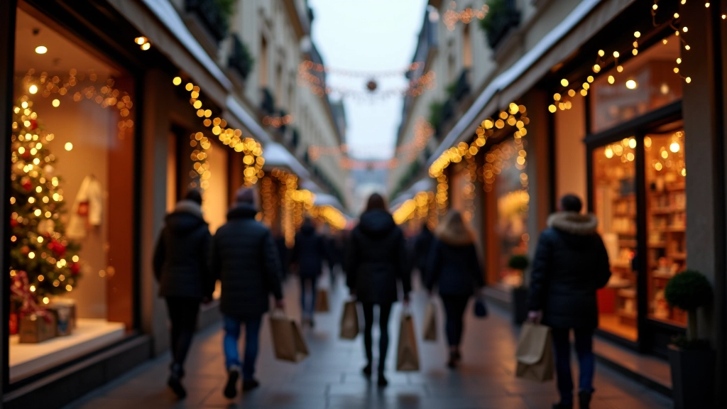 Menschen beim Weihnachtsshopping in einer belebten Fußgängerzone, festliche Dekoration, Schaufenster mit Weihnachtsauslagen