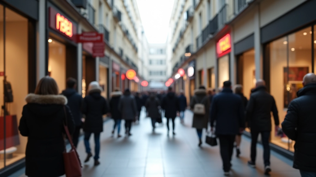 Geschäftiger Einkaufsbereich mit Kunden und verschiedenen Einzelhandelsketten