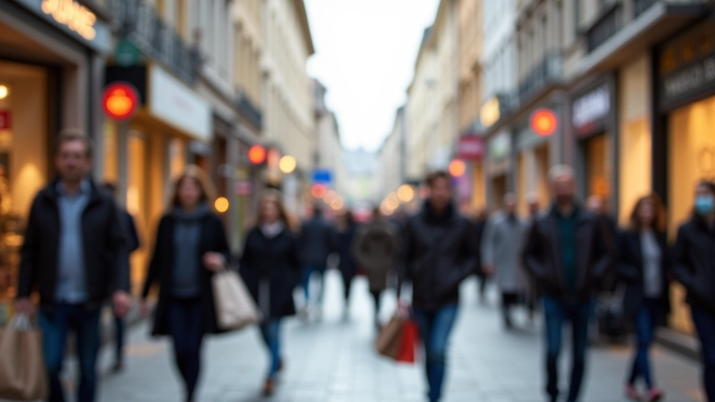 Einkaufsstraße mit verschiedenen Einzelhandelgeschäften und Fußgängern beim Einkaufen