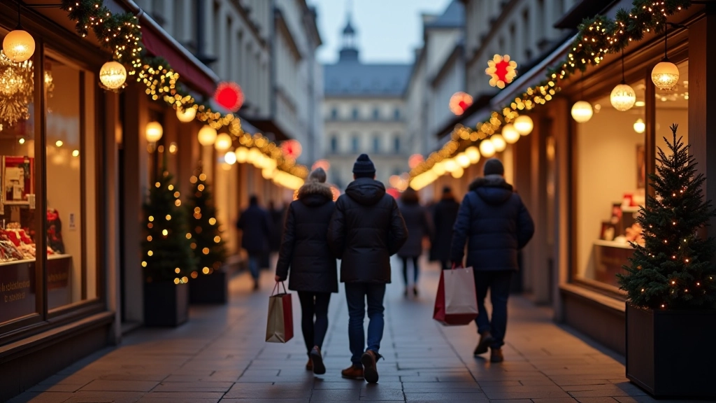 Weihnachtseinkaufsszene mit dekorierten Schaufenstern und Menschenmenge