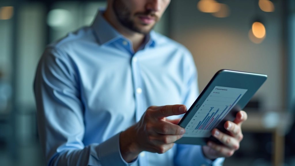 Geschäftsperson mit Analysecharts und Daten auf Tablet zur Einzelhandelsverfolgung
