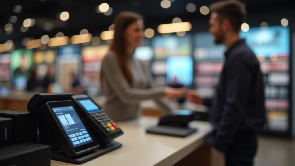 Kassenbereich in modernem Einzelhandelgeschäft mit Kunden beim Bezahlen