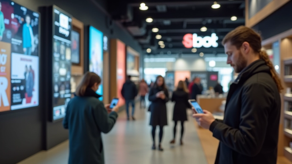 Moderne Einzelhandelsfläche mit digitalen Displays und Kunden, die mit Tablets und Smartphones einkaufen