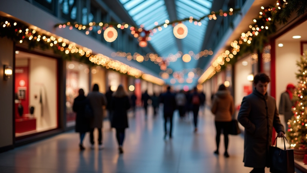 Bunte Weihnachtsdekorationen in einem modernen Einkaufszentrum, Lichter und festliche Displays, Menschen beim Einkaufen