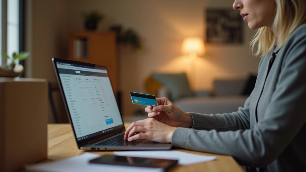 Person mit Laptop beim Online-Shopping, Kreditkarte bereit, Paket auf dem Tisch, häusliche Umgebung