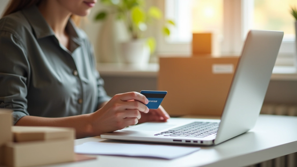 Online-Shopping auf Laptop mit Kreditkarte und Paketen im Hintergrund