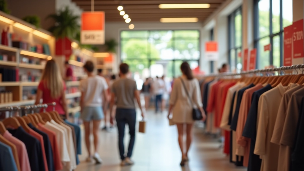 Sommerverkauf-Schilder in einem Einzelhandelsgeschäft, Menschen in sommerlicher Kleidung beim Einkaufen, helles Sonnenlicht