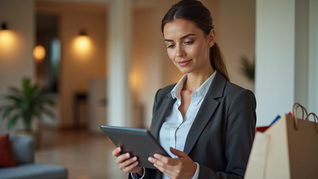 Nahaufnahme einer Person, die online auf einem Tablet einkauft, mit Paketen im Hintergrund sichtbar