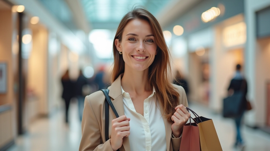 Person mit Einkaufstüten in einer modernen Einkaufspassage mit verschiedenen Geschäften